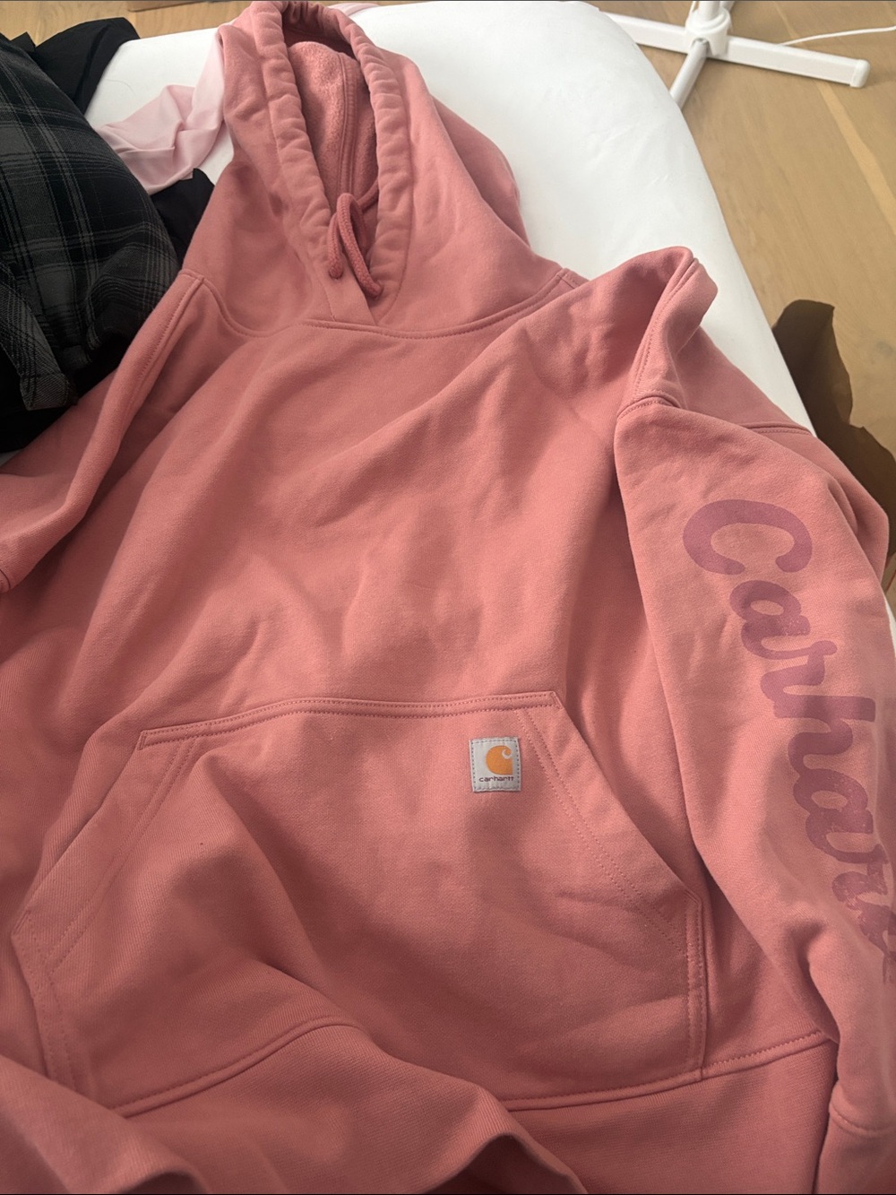 Carhartt Coral Pink Pullover Hoodie with Sleeve Logo